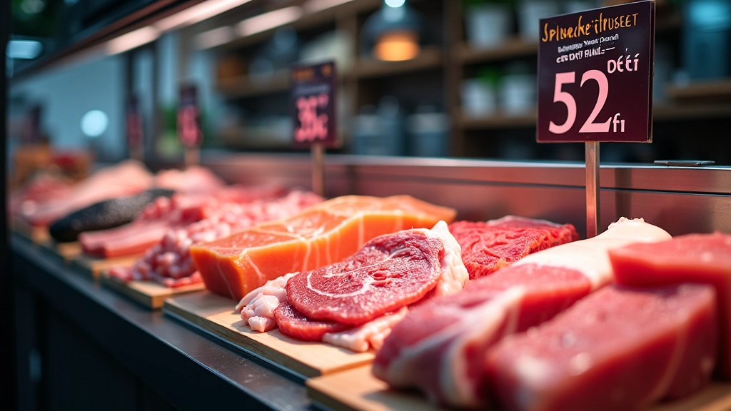 Verschiedene Fleischsorten und Fischfilets in einer Kühlvitrine mit Preisen