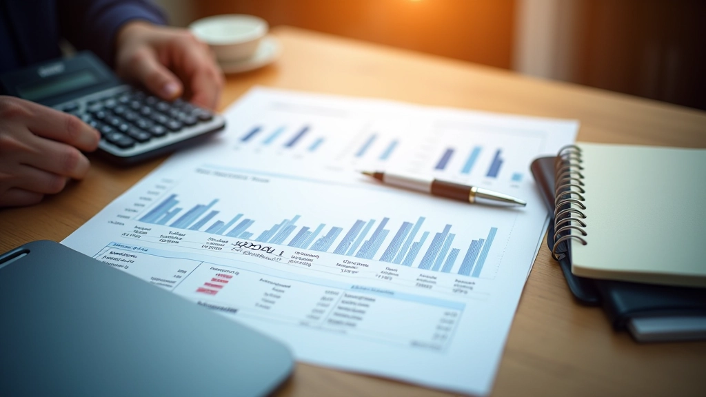 Grafik mit steigenden Kurven und Preistabellen auf einem Finanzschreibtisch mit Taschenrechner