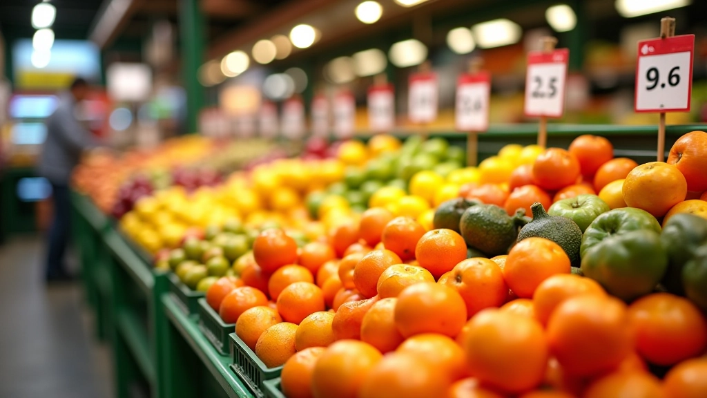 Verschiedene Lebensmittel mit Preisschildern auf einem Marktstand