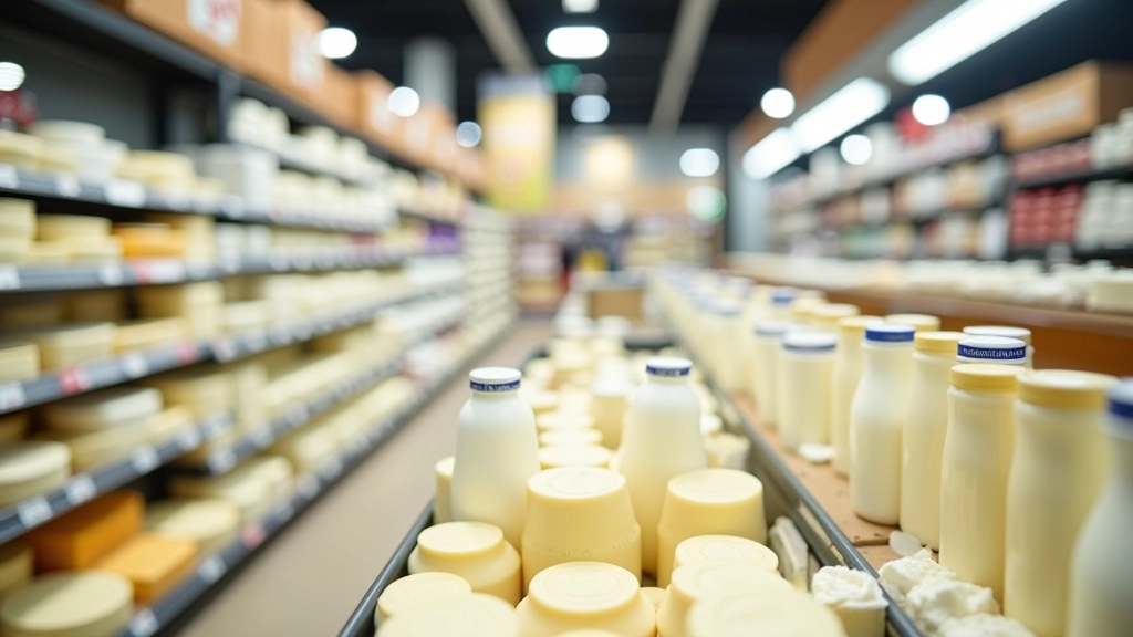 Milchprodukte wie Käse, Joghurt und Milch in Supermarktregalen