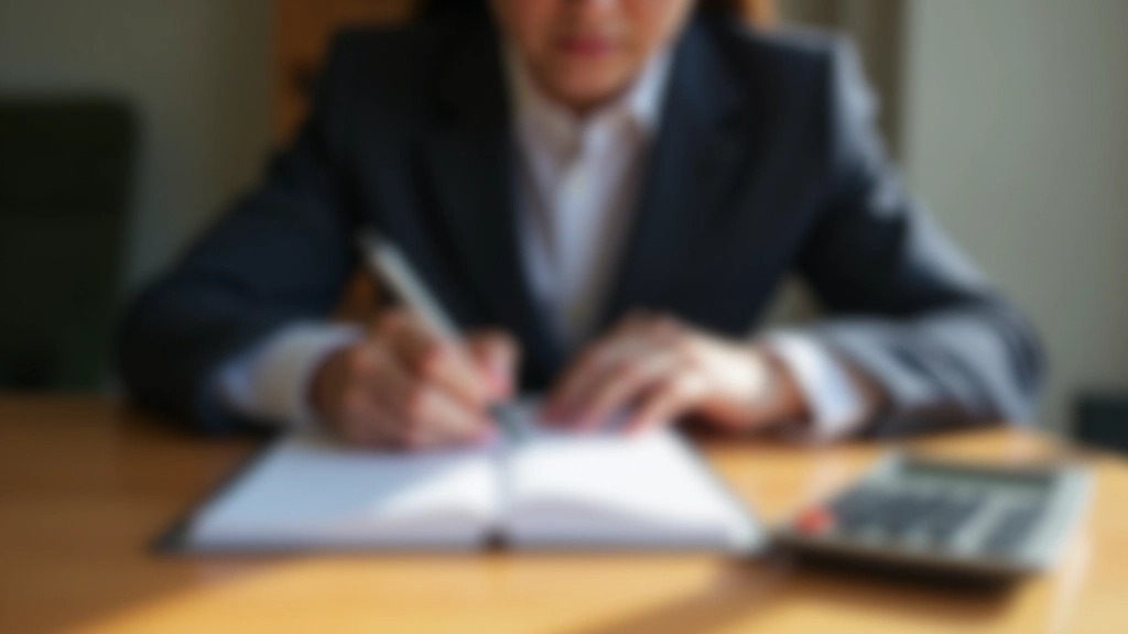 Person notiert Budgetplanung mit Stift auf Papier, Haushaltsbuch und Taschenrechner auf Schreibtisch